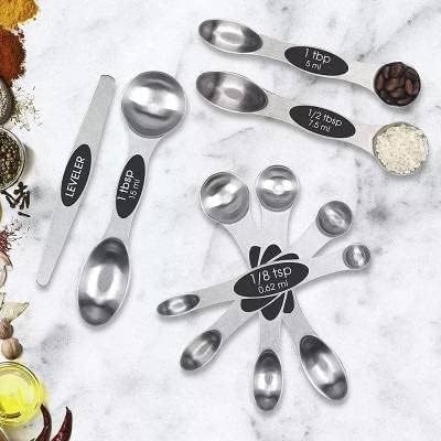 SOL – Juego de utensilios de cocina de acero inoxidable, cucharas medidoras magnéticas de acero inoxidable, juego de 7 piezas con cucharas medidoras