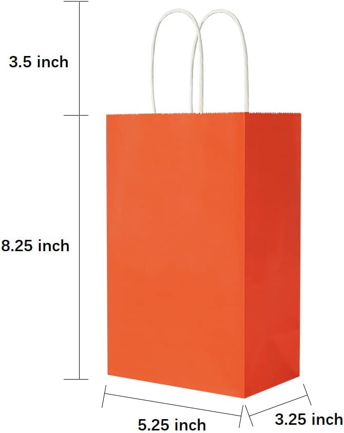 Cada paquete de 100 bolsas pequeñas de papel kraft naranja y morado con asas a granel