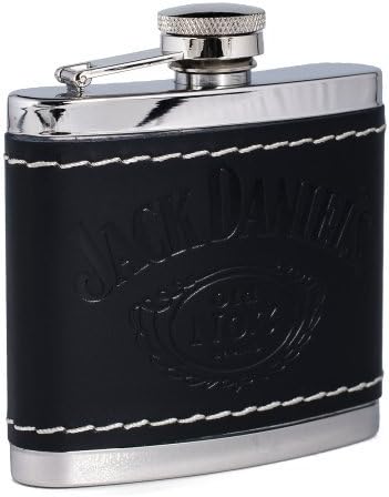 Jack Daniel’s Frasco de acero inoxidable envuelto en cuero negro