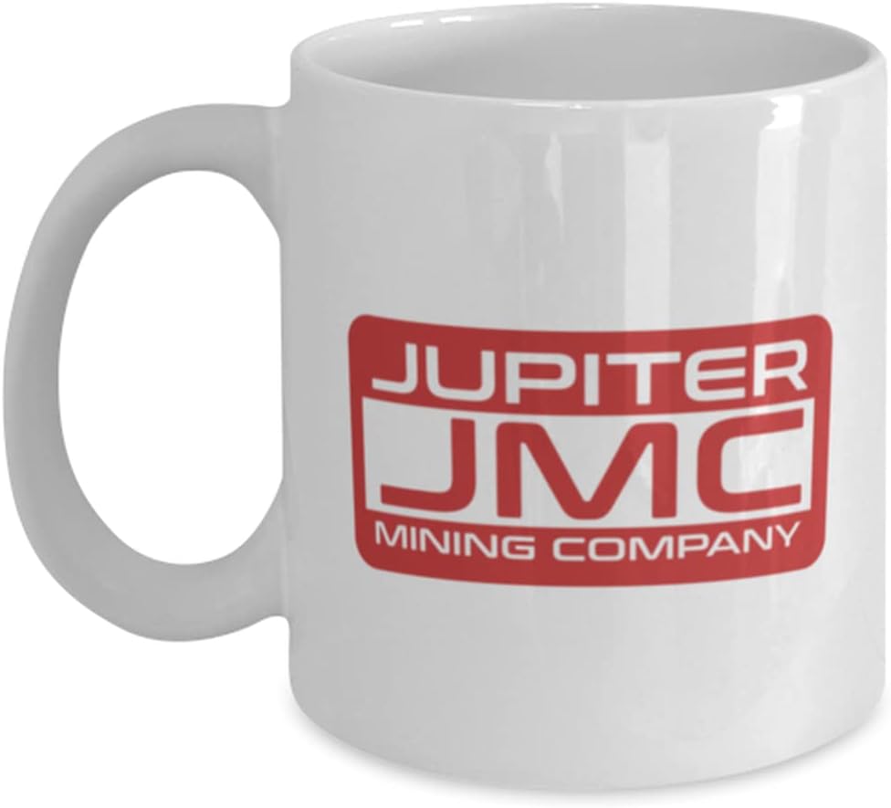Jupiter Mining Company Logo Taza enana roja JMC. Taza de café de comedia británica de ciencia ficción.