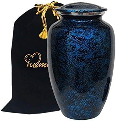 Urna de cremación grabada personalizada, urna hecha a mano para cenizas humanas, urna asequible para cenizas con bolsa de terciopelo (azul bosque)
