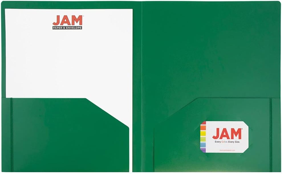 JAM PAPER – Carpetas escolares de plástico resistente con 2 bolsillos, color verde, paquete de 6