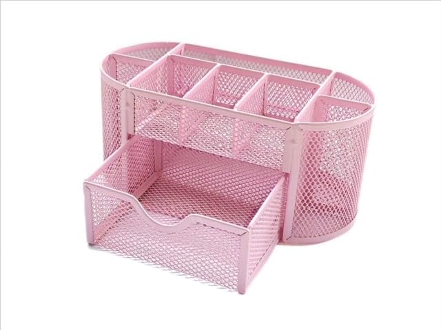 Soporte para lápices organizador de escritorio con 9 compartimentos de malla metálica rosa claro