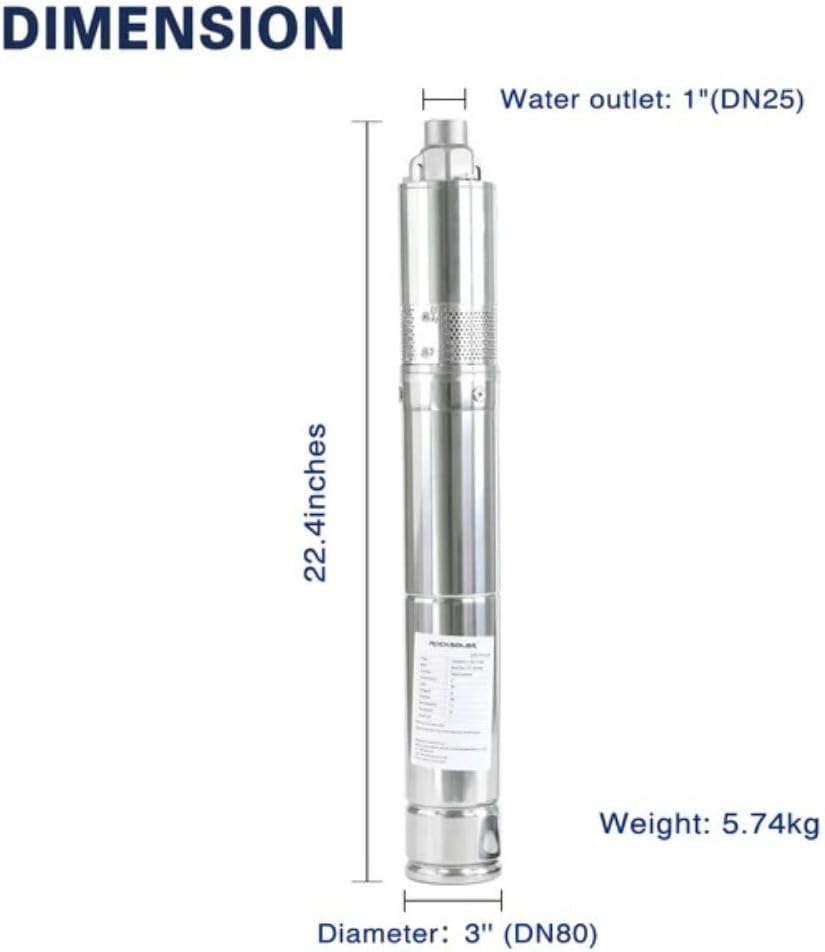 Bomba sumergible de pozo profundo DC 24V, acero inoxidable de 250 W, cabezal de 230 pies con filtro de entrada de agua, motor de CC sin escobillas,