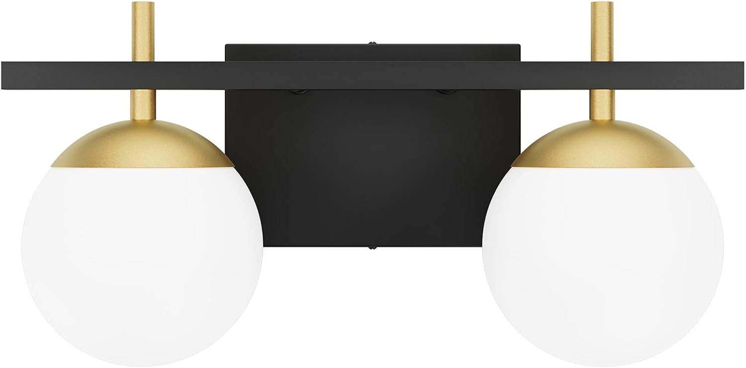 Ralbay Lámpara de tocador de baño de oro negro 2 luces de mediados de siglo moderna lámpara de pared de bola de vidrio lechoso negrodorado para baño