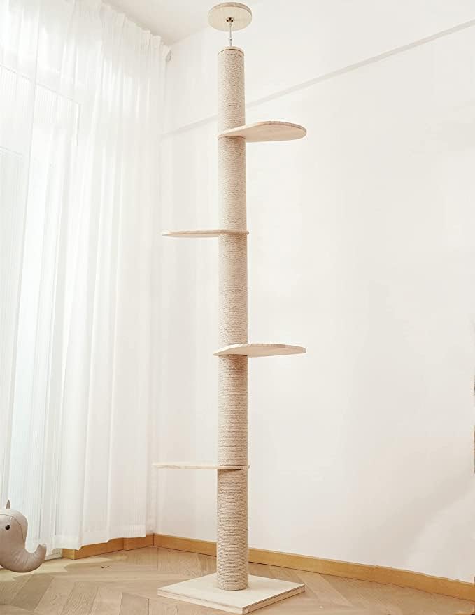 Torre de árbol de madera para gatos de piso a techo para gatitos y gatos grandes con postes rascadores de cuerda de sisal natural, altura de la base