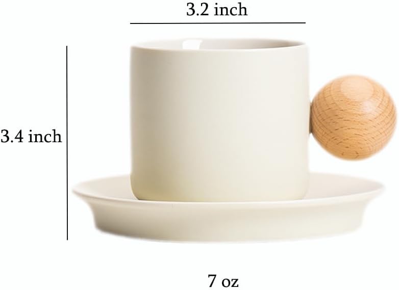 Sizikato Juego de taza y platillo de porcelana con mango de bola de madera, taza de café de 7 onzas