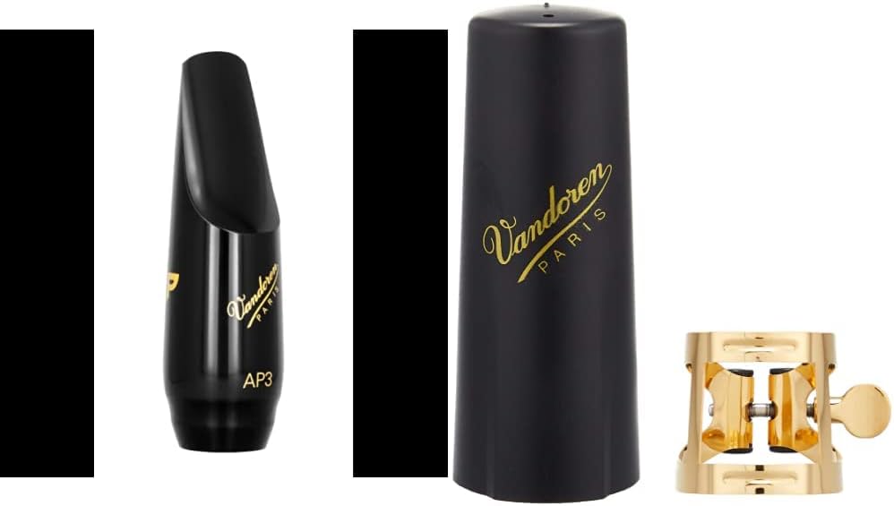Vandoren Boquilla de saxofón alto de perfil SM913 ligadura AP3 y LC57DP MO y tapa de plástico para saxofón alto acabado dorado