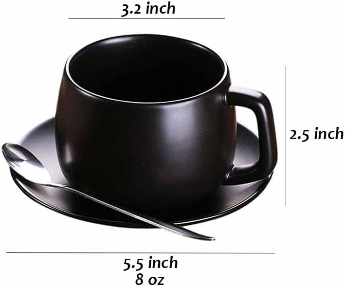 Sizikato Juego clásico de taza y platillo de porcelana negra mate, taza de té de 8 onzas con cuchara