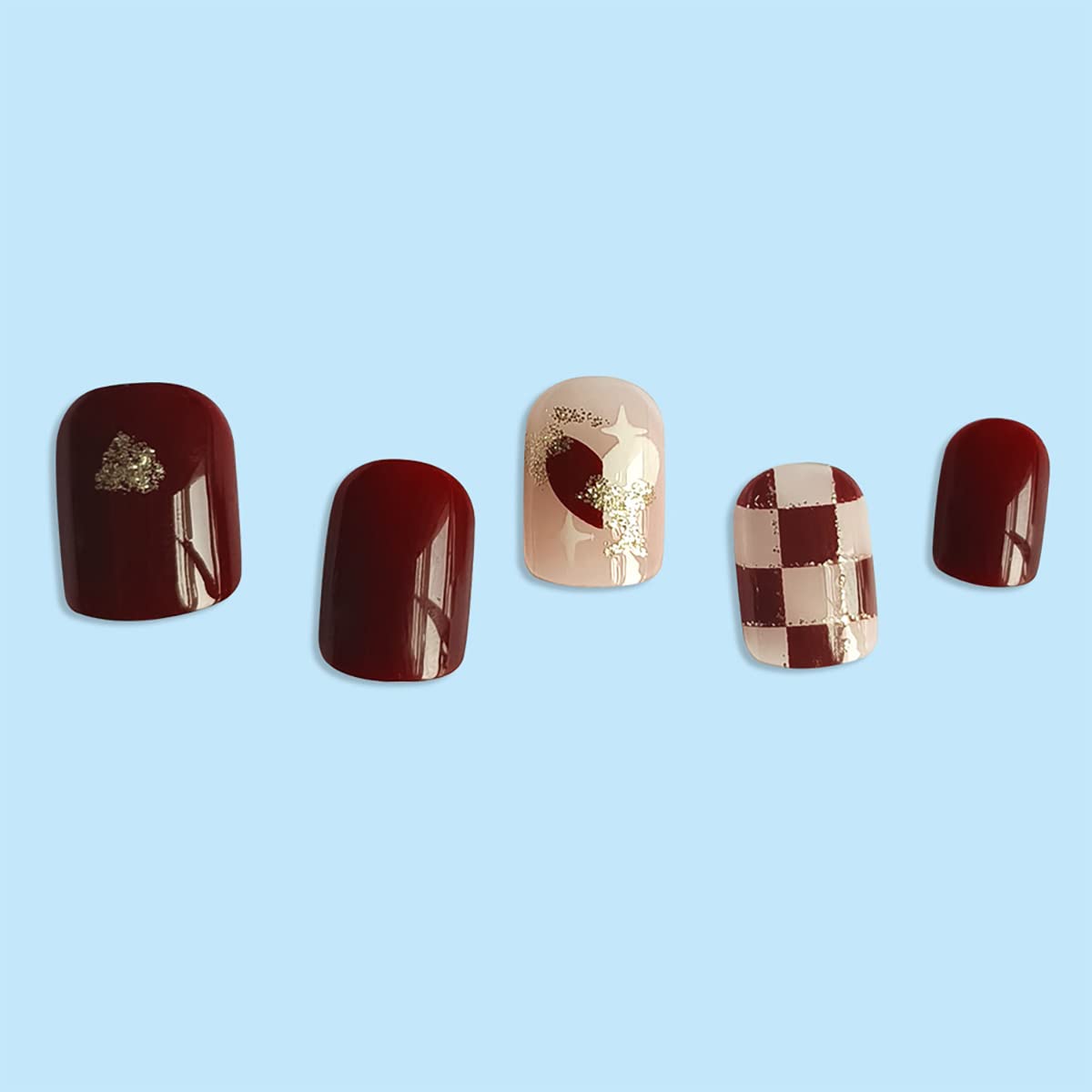 24 uñas postizas a presión con forma de corazón, cuadradas, cortas, rojas, ataúd, diseño de tablero de ajedrez rojo, purpurina, cobertura completa,