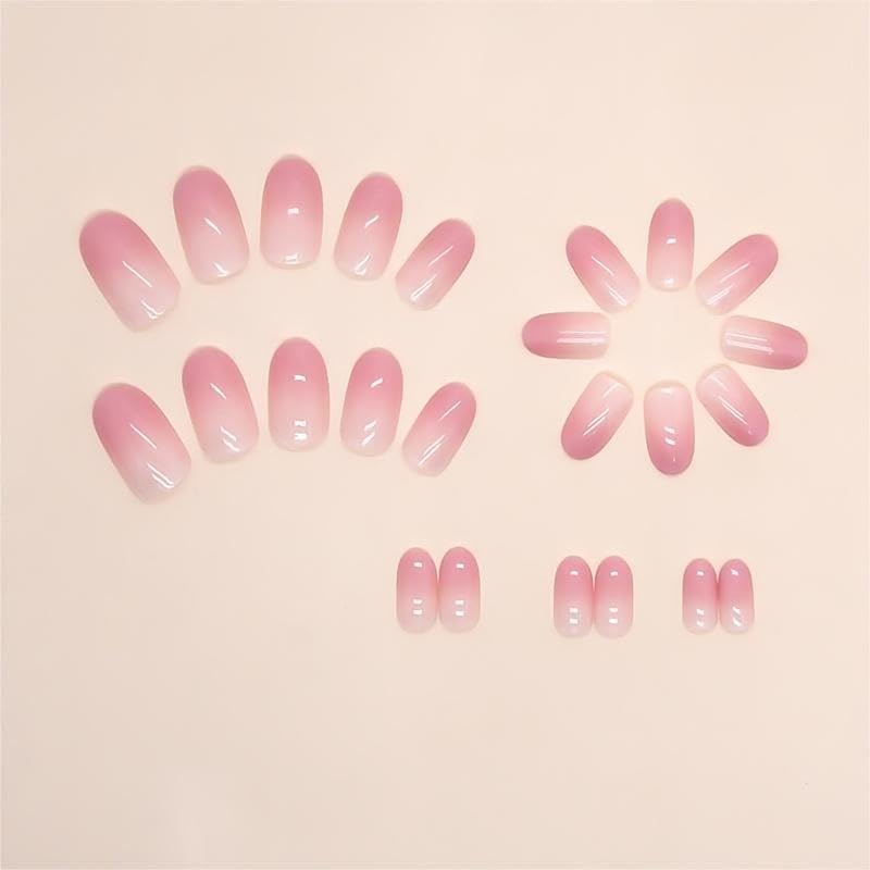 Uñas postizas cortas a presión con punta francesa, uñas postizas ovaladas, uñas postizas degradadas, uñas acrílicas brillantes degradadas, uñas
