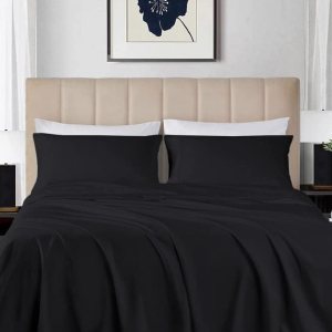 Juego de sábanas de 4 piezas de 800 hilos, 100% algodón suave, tamaño matrimonial, color negro, sábanas de algodón de fibra larga con funda de Juego de sábanas de 4 piezas de 800 hilos, 100% algodón suave, tamaño matrimonial, color negro, sábanas de algodón de fibra larga con funda de
