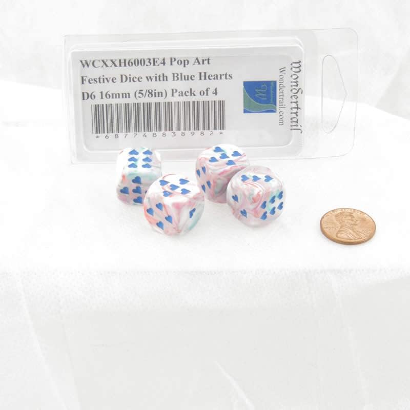 Pop Art – Dados festivos con corazones azules D6 de 0.630 in (58 pulgadas), paquete de 4 Wondertrail