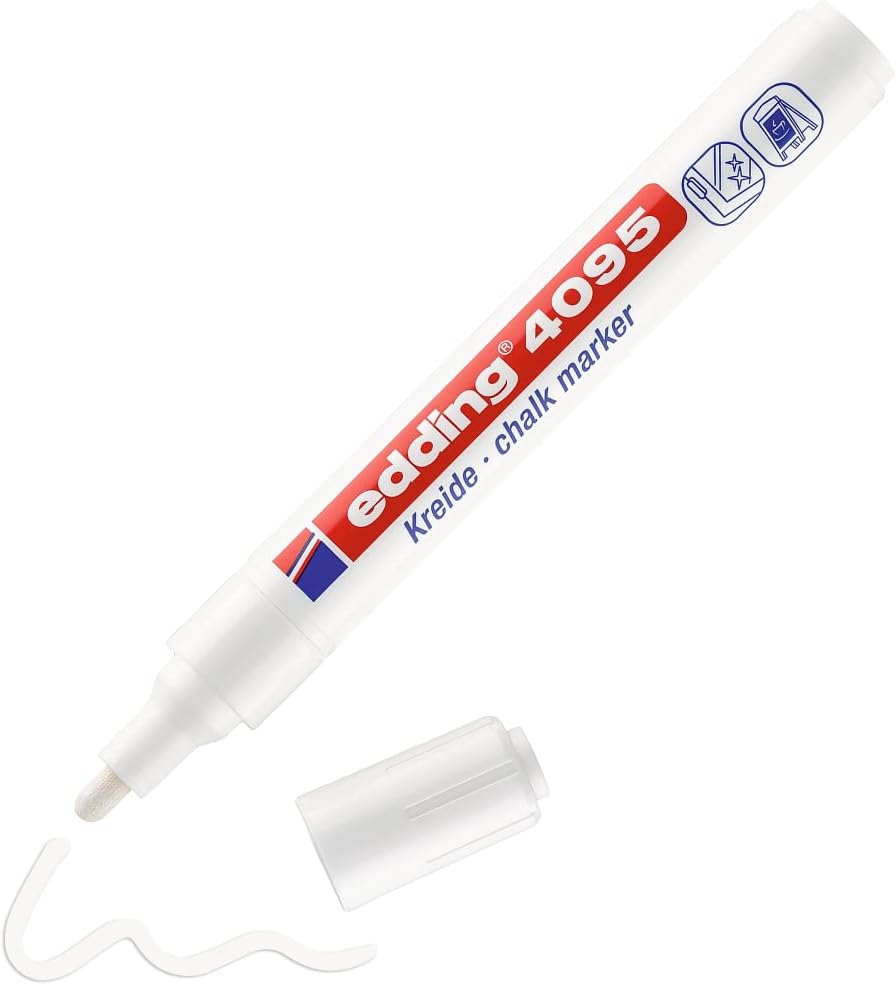 edding Marcador de tiza 4095 – blanco – 1 bolígrafo de tiza – punta redonda de 0.079-0.118 in – pluma de limpieza húmeda de punta media para