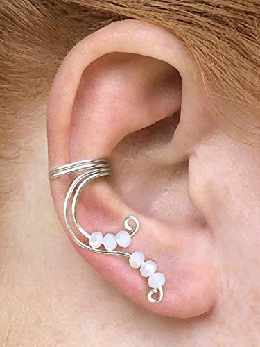Fantasy-Inspired Fairy Ear Cuff Silver Earring for Non Pierced Elven Fake Cartilage Piercing with Cream White Beads