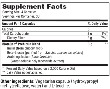 Klaire Labs Biotagen – Inulina prebiótica, beta-glucano y arabinogalactano para apoyar la microbiota intestinal (120 cápsulas)