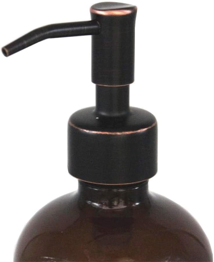 Dispensador de jabón en tarro de vidrio ámbar con bomba ORB, dispensador de botellas redondas de 16 onzas con bomba de acero inoxidable, juego de