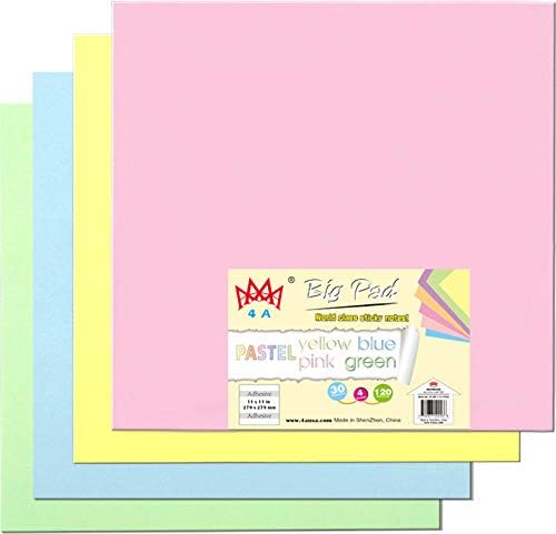 Bloc grande adhesivo 4A, 11 x 11 pulgadas, tamaño grande, amarillo pastel, azul, rosa, verde, notas autoadhesivas, 30 hojasbloc, 4 blocs por