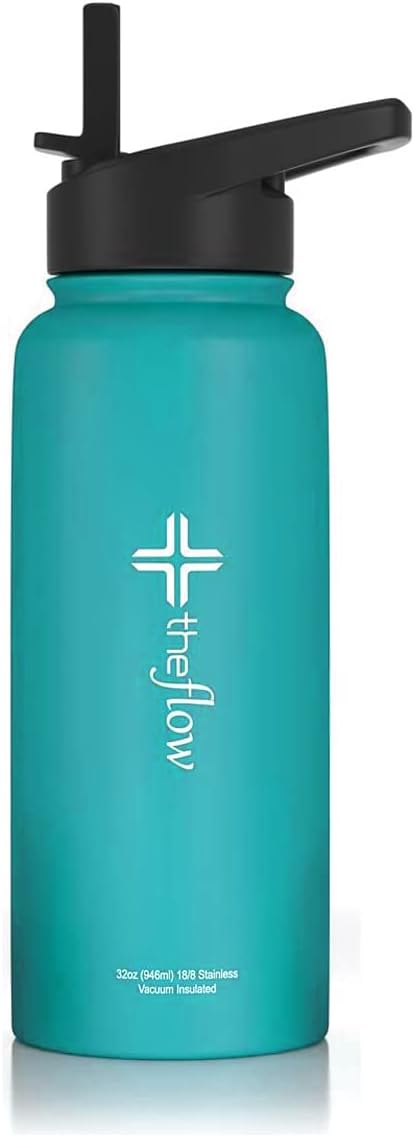 The Flow – Botellas de agua aisladas con popote, botella de agua de metal de acero inoxidable de 32 onzas, 3 tapas, botellas deportivas de doble
