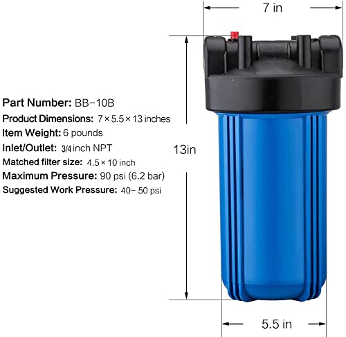 Geekpure Carcasa de filtro de agua para toda la casa de 10 pulgadas con llave y soporte, puerto de 4.5 x 10 pulgadas, 34 pulgadas