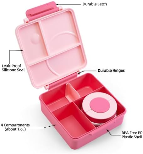 Lonchera Bento para niños  Lonchera aislada con termo de 8 onzas, recipientes de almuerzo a prueba de fugas con 4 compartimentos y 2 zonas de