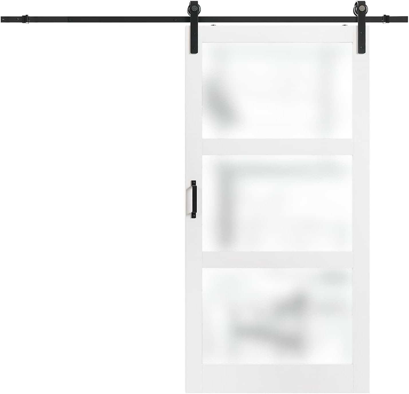 Puerta corrediza de granero de vidrio esmerilado de 3 paneles de 42 x 84 pulgadas, kit de herramientas incluido, requiere montaje, superficie de PVC