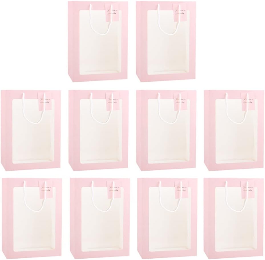 iplusmile 10 bolsas de regalo rosas con ventana, bolsas de regalo de ramo de flores con asas de 13.4 x 9.1 x 3.9 pulgadas, bolsa de compras de papel