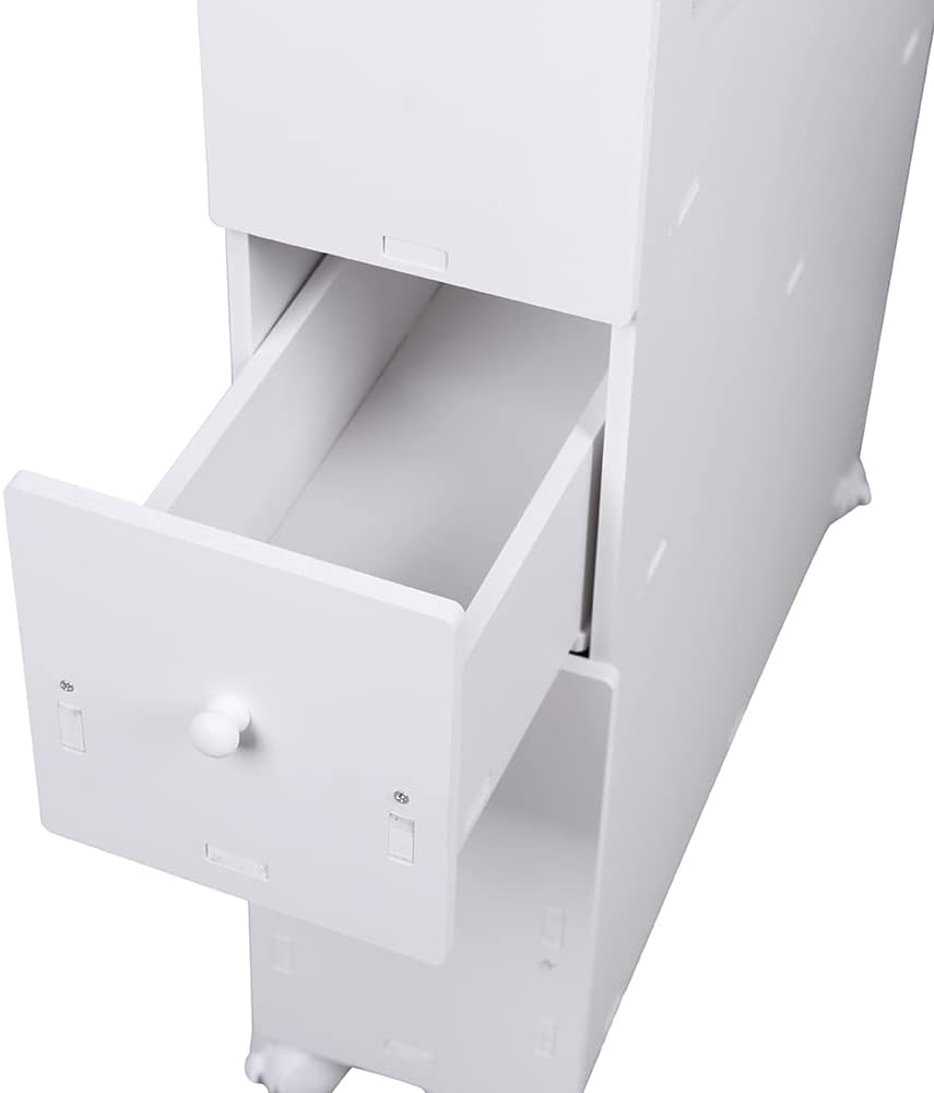SHOUMANUAL Gabinete de almacenamiento de baño, organizador de almacenamiento de piso estrecho de 4 capas con cajones deslizantes y ruedas,
