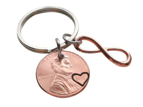 Custom Penny Keychain With Rose Gold Infinity Charm, Anniversary Keychain for Husband, Wife, Boyfriend, Girlfriend, Couples Key Chain