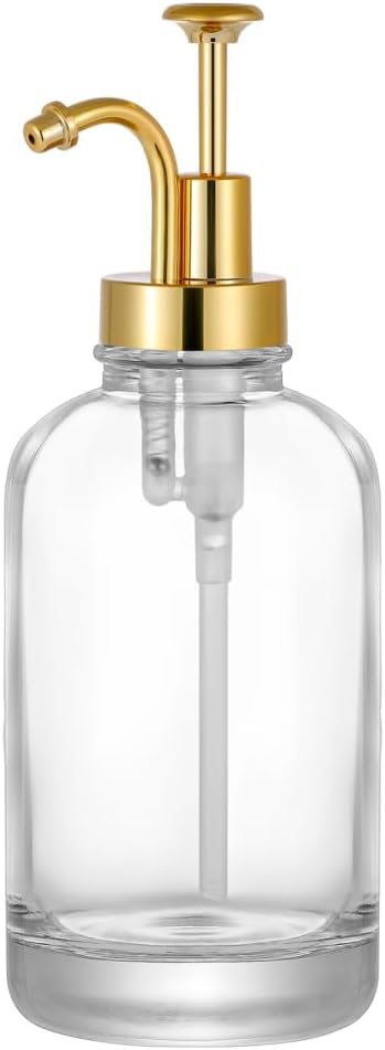 Dispensador de jabón en tarro de vidrio transparente grueso con bomba dorada, dispensador de botellas redondas Boston transparentes de 17 onzas con