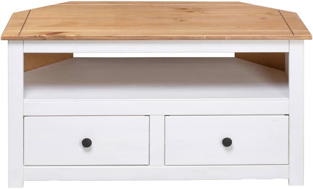 vidaXL Soporte esquinero para TV de madera de pino macizo, estilo escandinavo, color blanco y madera natural, con 2 cajones y compartimento abierto,