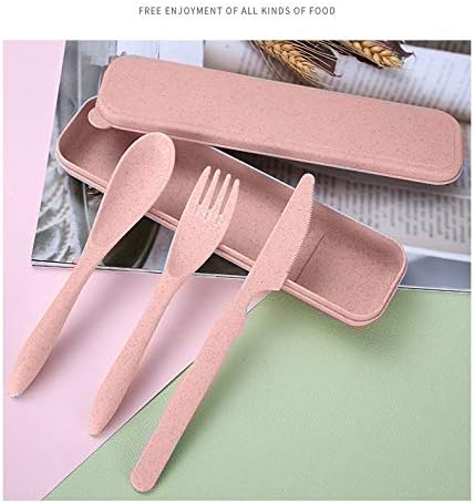 SUNNYHILL – Juego de 4 cubiertos de paja de trigo saludable y ecológico, utensilios portátiles biodegradables, palillos, tenedores, cuchillos,