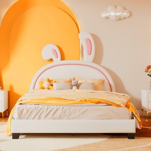 Brabrety Bonita cama tapizada de piel sintética de tamaño matrimonial con adorno de conejo y cabecero, para uso en la habitación de niños y niñas