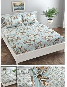 fabarist Sábana de algodón de alta calidad de 190 GSM tamaño King con 2 fundas de almohada  Sábana con estampado floral sin arrugas para cama doble