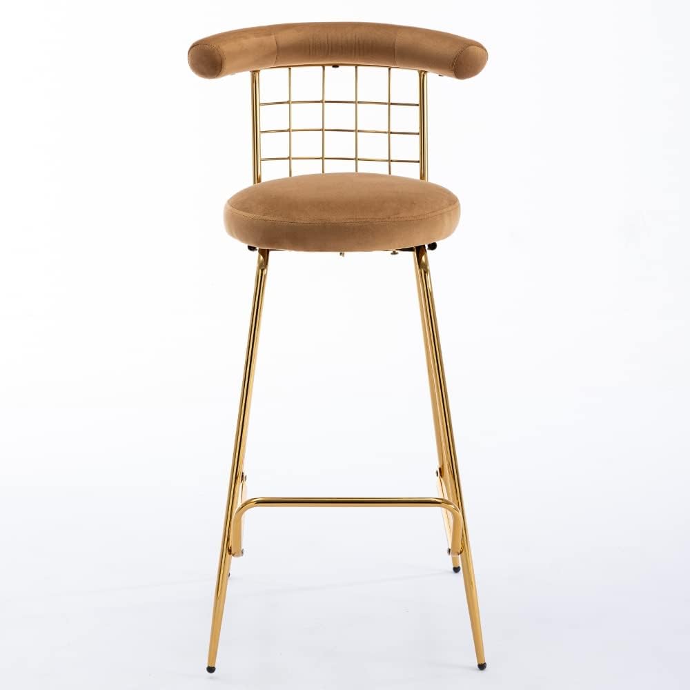 Juego de 2 taburetes altos de terciopelo de lujo con patas de metal y respaldo suave, sillas modernas de comedor sin brazos, taburetes de bar para