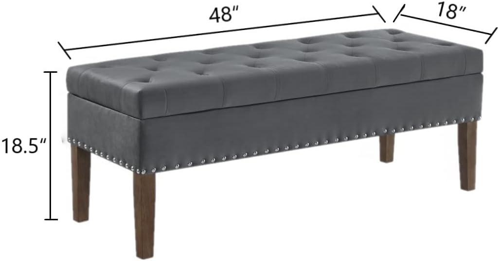 24KF Banco de almacenamiento tapizado de terciopelo con botones copetudos y clavos tachonados para sala de estar, 5076 – gris oscuro