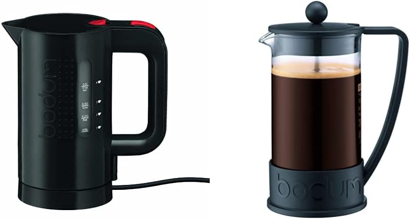 Bodum Bistro – Hervidor eléctrico de agua, 17 onzas, negro y cafetera de prensa francesa brasileña 10948-01BUS, 12 onzas, color negro