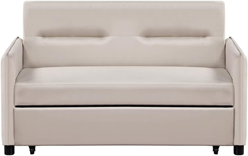 P PURLOVE Sofá biplaza convertible moderno de 57 pulgadas, respaldo ajustable, sofá de 2 plazas con cama extraíble con bolsillo lateral, 2 almohadas