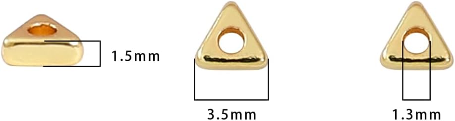 Beadia Cuentas espaciadoras triangulares chapadas en oro de 14 quilates, 0.138 x 0.059 in, 50 unidades para hacer joyas, no se deslustran