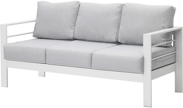 Kiss The Water Muebles de patio sofá de aluminio para todo tipo de clima, sofá de 3 asientos, silla de metal blanco con cojines gris claro