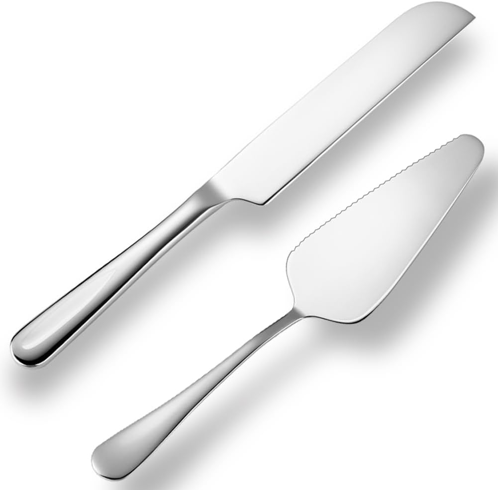 tiokin Juego de cuchillos y servidores para tartas de boda, juego de corte de pastel de acero inoxidable, 2 piezas, incluye cortador de pasteles y