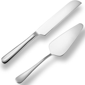 tiokin Juego de cuchillos y servidores para tartas de boda, juego de corte de pastel de acero inoxidable, 2 piezas, incluye cortador de pasteles y tiokin Juego de cuchillos y servidores para tartas de boda, juego de corte de pastel de acero inoxidable, 2 piezas, incluye cortador de pasteles y