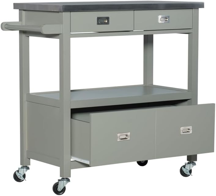Riverbay Furniture Carrito de isla de cocina de microondas con tapa de acero inoxidable de madera de pino en gris