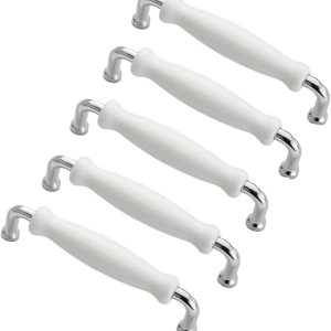 Paquete de 5 manijas de gabinete de aleación de zinc, orificios centrales de 5 pulgadas (5.039 in) de cerámica blanca, tiradores de cajones para Paquete de 5 manijas de gabinete de aleación de zinc, orificios centrales de 5 pulgadas (5.039 in) de cerámica blanca, tiradores de cajones para