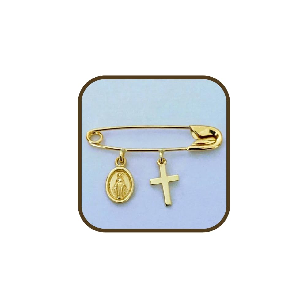 14k Yellow Gold Baby Safety Pin with Cross & Virgin Mary CharmsChristeningBaptismNOT Gold Filled NOT Gold Plated