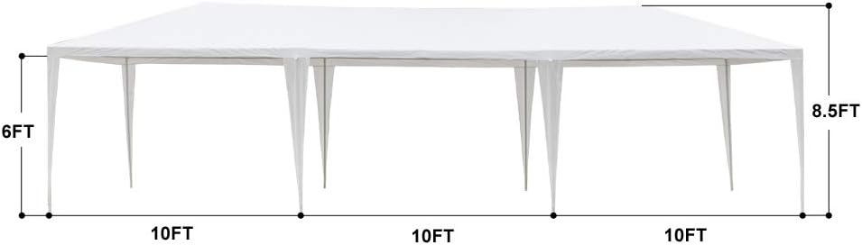 Gazebo para exteriores, 10 x 30 pies, color blanco, impermeable, con paredes laterales extraíbles y ventanas, tienda de campaña resistente para