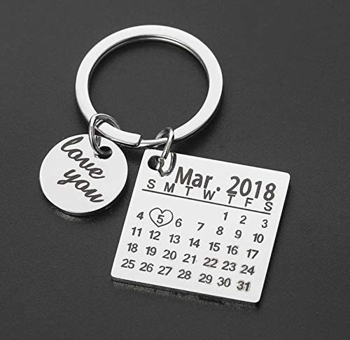 Personalized Custom Calendar Keychain, Stainless Steel Highlighted with Heart Date, Engrave Date Wedding Anniversary Keyring Gift, Gift for her,