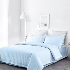 Juego de ropa de cama de 3 piezas, funda de edredón de 100 % algodón, súper suave, a rayas, tamaño Queen matrimonial, color azul Juego de ropa de cama de 3 piezas, funda de edredón de 100 % algodón, súper suave, a rayas, tamaño Queen matrimonial, color azul