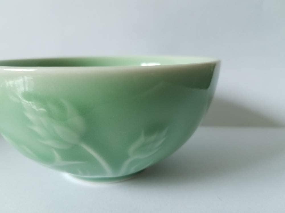 Celadon – Cuencos de cereales de porcelana de 10 onzas, 4.5 pulgadas, cuenco de arroz grabado Lotus apto para microondas y lavavajillas (4.5
