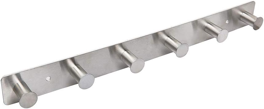 AJLTPA Perchero adhesivo para montaje en la pared y atornillado, ganchos de metal de acero inoxidable para puerta, riel de gancho con 6 ganchos